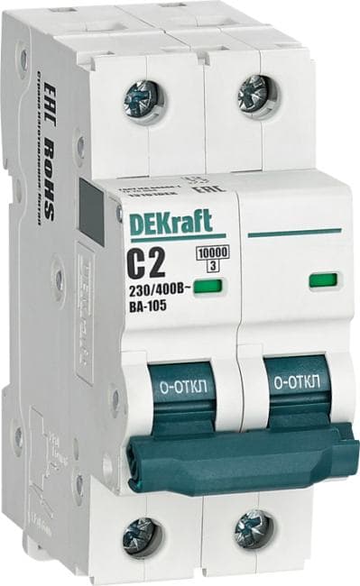 Автоматический выключатель DEKraft 13161DEK ВА-105 - 2P, тип хар-ки C, 2 А, 230 В AC, 10кА