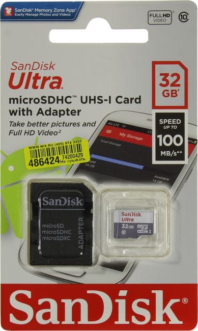 SanDisk Ultra <SDSQUNR-032G-GN3MA> microSDHC Memory Card 32Gb UHS-I U1 + microSD--> SD Adapter