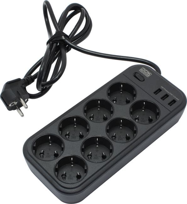 Сетевой фильтр PowerCom SP-08 USB03AB Black <1.8м> 8 розеток, 3xUSB