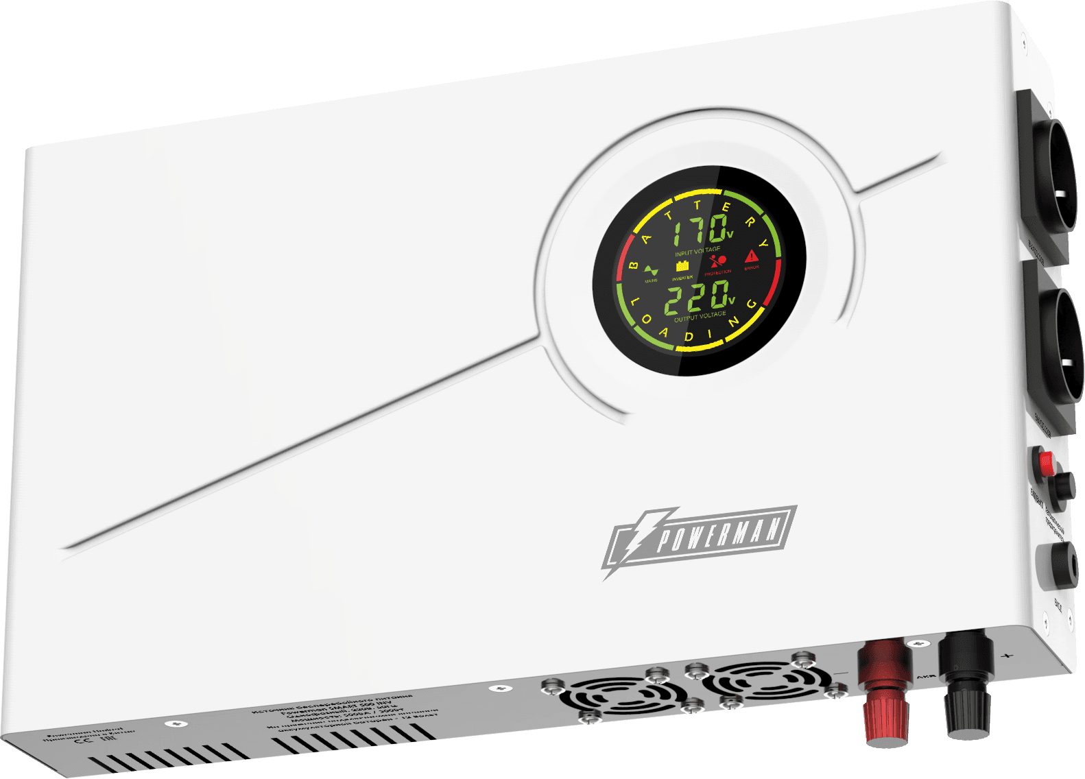 ИБП POWERMAN Smart 500 INV, линейно-интерактивный, 500ВА/300Вт, 140-275В, 2 евророзетки, внешняя батарея 12В от 33Ач до 200Ач (не входит в комплект поставки), ток заряда 10А, ЖК-дисплей, навесной, 410мм х 268мм х 70мм, 7.74 кг./ UPS POWERMAN Smart 500 INV, linear-interactive, 500VA/300W, 140-275V, 2 eurosockets, external battery 12V from 33Ah to 200Ah (not included), charging current 10A, LCD display, hinged, 410mm x 268mm x 70mm, 7.74kg.