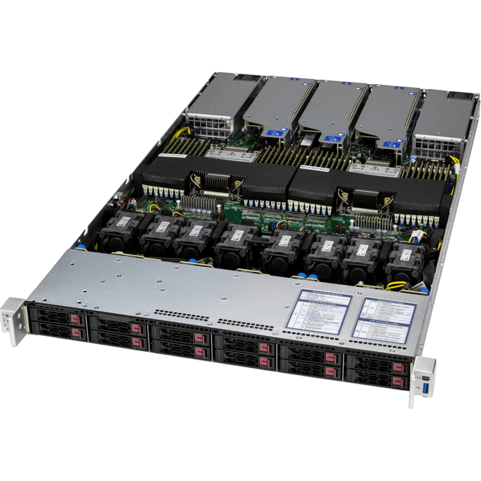 Серверная платформа/ Supermicro Server SYS-122C-TN 1U (2x LGA4710 / 32x DDR5 RDIMM / 12x Hs 2.5" NVMe / 2 M.2 PCIe 5.0 x2 NVMe / VROC Premium / 3x PCIe 5.0 x16 (1 AIOM with OCP 3.0) / 1x PCIe 5.0 x8 / 2x 10GbE RJ45 Intel X710 / 2x 1000W Power)