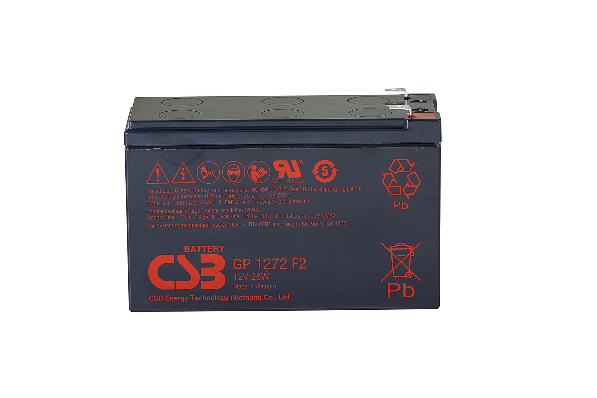 Батарея CSB серия GP, GP1272 (12V28W) , напряжение 12В, емкость 7Ач (разряд 20 часов), емкость 28 Вт/Эл при 15-мин. разряде до U кон. - 1.67 В/Эл при 25 °С, макс. ток разряда (5 сек.) 100А, ток короткого замыкания 304А, макс. ток заряда 2.8A, свинцово-кисл/ Battery CSB series GP, GP1272 (12V28W), voltage 12V, capacity 28 W/C at 15 min. discharge to U fin. - 1.67 V/Cel at 25°C, (discharge 20 hours), max. discharge current (5 sec.) 100A, short circuit current 304A, max. charge current 2.8A, lead-a