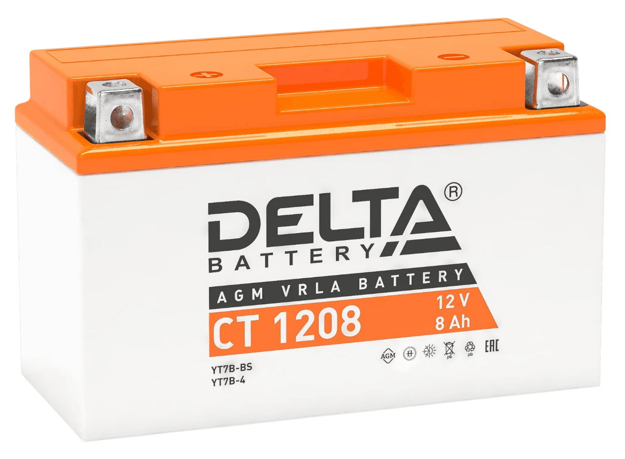 Аккумуляторная батарея для мото-техники/ DELTA серия CT, CT 1208, напряжение 12В, емкость 8 Ач (разряд 10 часов 10.5 В), пусковой ток: 130А, полярность обратная ( - +), тип AGM;Pb (свинцово-кислотный), клеммы: BN под болт, ДxШxВ 150x66x95мм., вес 2,25кг