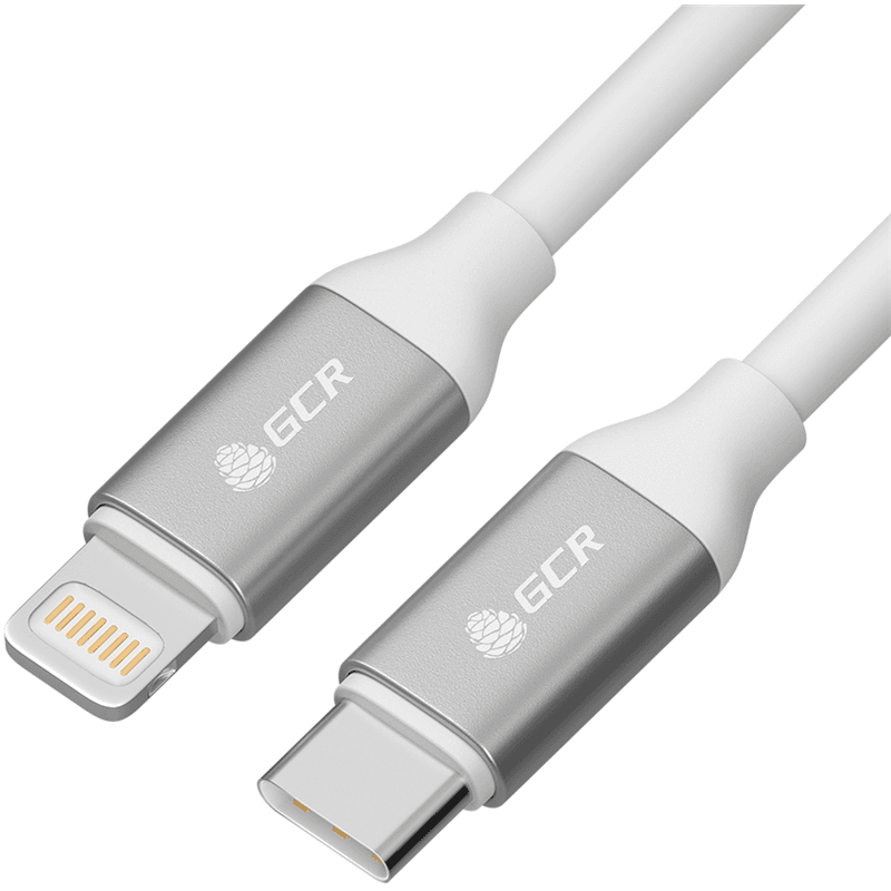 GCR Кабель 1.0m TypeC/Lightning MFI POWER DELIVERY 18 W, медь, быстрая зарядка, белый силикон, AL корпус серебро, белый ПВХ