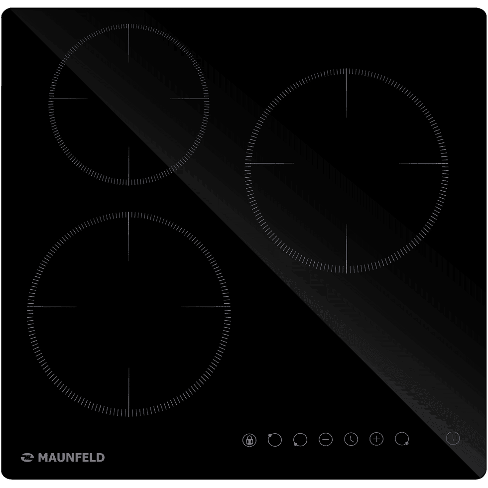 Встраиваемая варочная панель MAUNFELD/ Встраиваемая варочная панель MAUNFELD, Hi-Light, 45 см, 3 конфорки, сенсорное управление, автоматическое отключение, индикация остаточного тепла, 9 уровней мощности, цвет черный