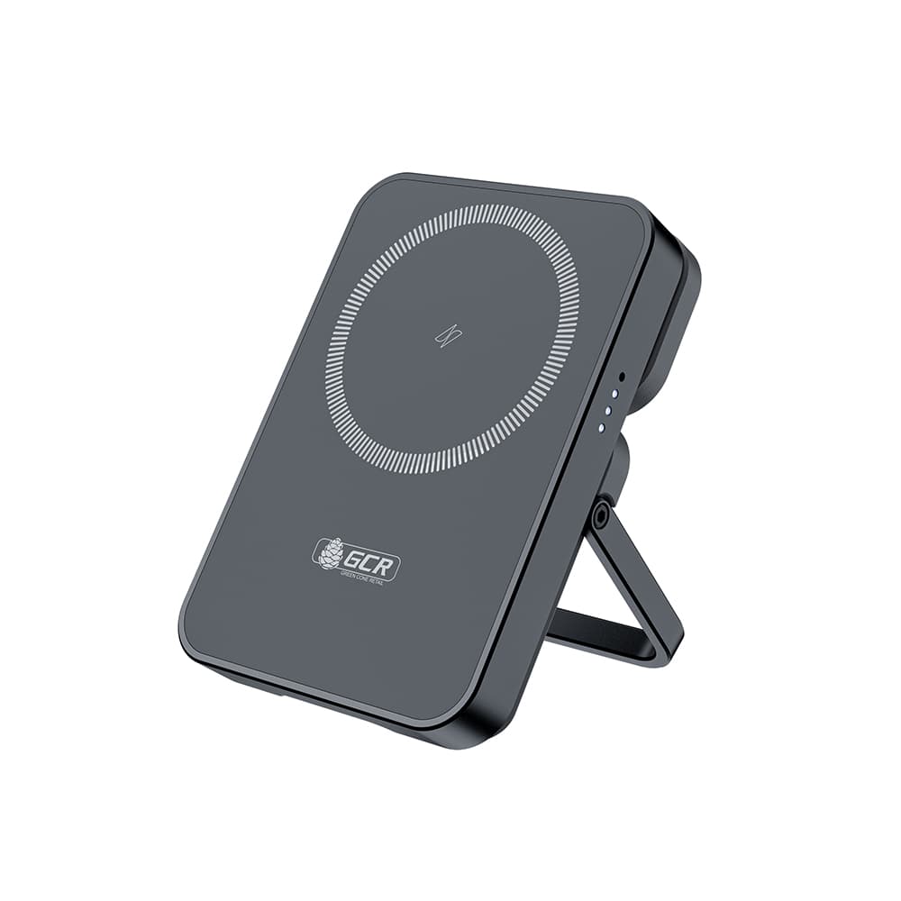 GCR PRO PowerBank магнитный 2в1 на 5000mAh MagSafe беспроводная зарядка 15W + Type-C PD 20W, складная подставка, графит