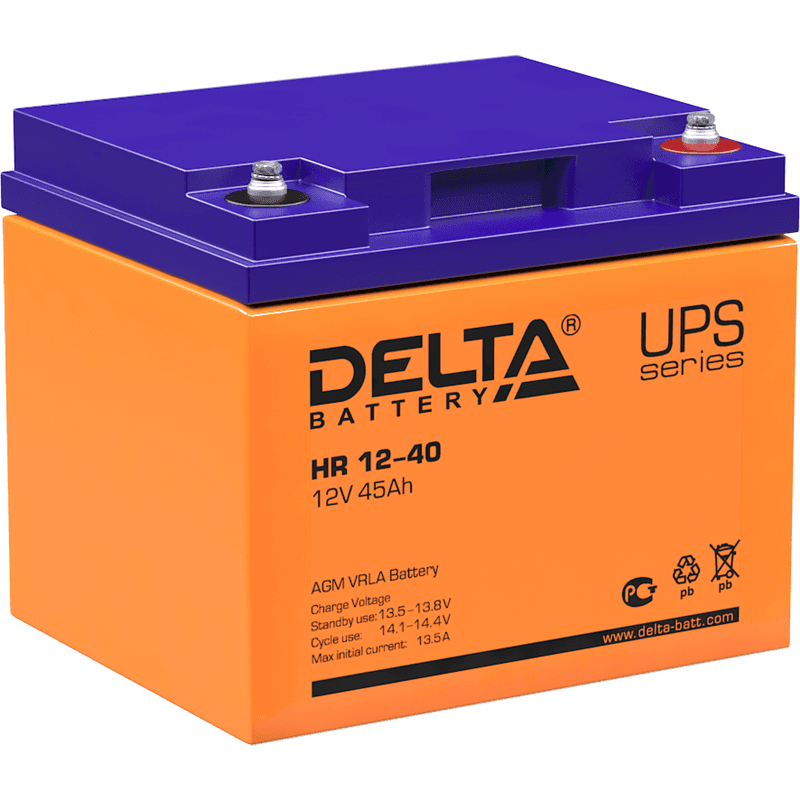 Батарея DELTA серия HR, HR 12-40, напряжение 12В, емкость 45Ач (разряд 10 часов), макс. ток разряда (5 сек.) 450А, макс. ток заряда 12А, свинцово-кислотная типа AGM, клеммы под болт М6, ДxШxВ 198х166х170мм., вес 14.8кг., срок службы 10-12 лет./ Battery DELTA series HR, HR 12-40, voltage 12V, capacity 45Ah (discharge 10 hours), max. discharge current (5 sec.) 450A, max. charge current 12A, lead-acid type AGM, bolt terminals M6, LxWxH 198x166x170mm., weight 14.8kg., service life 10-12 years.