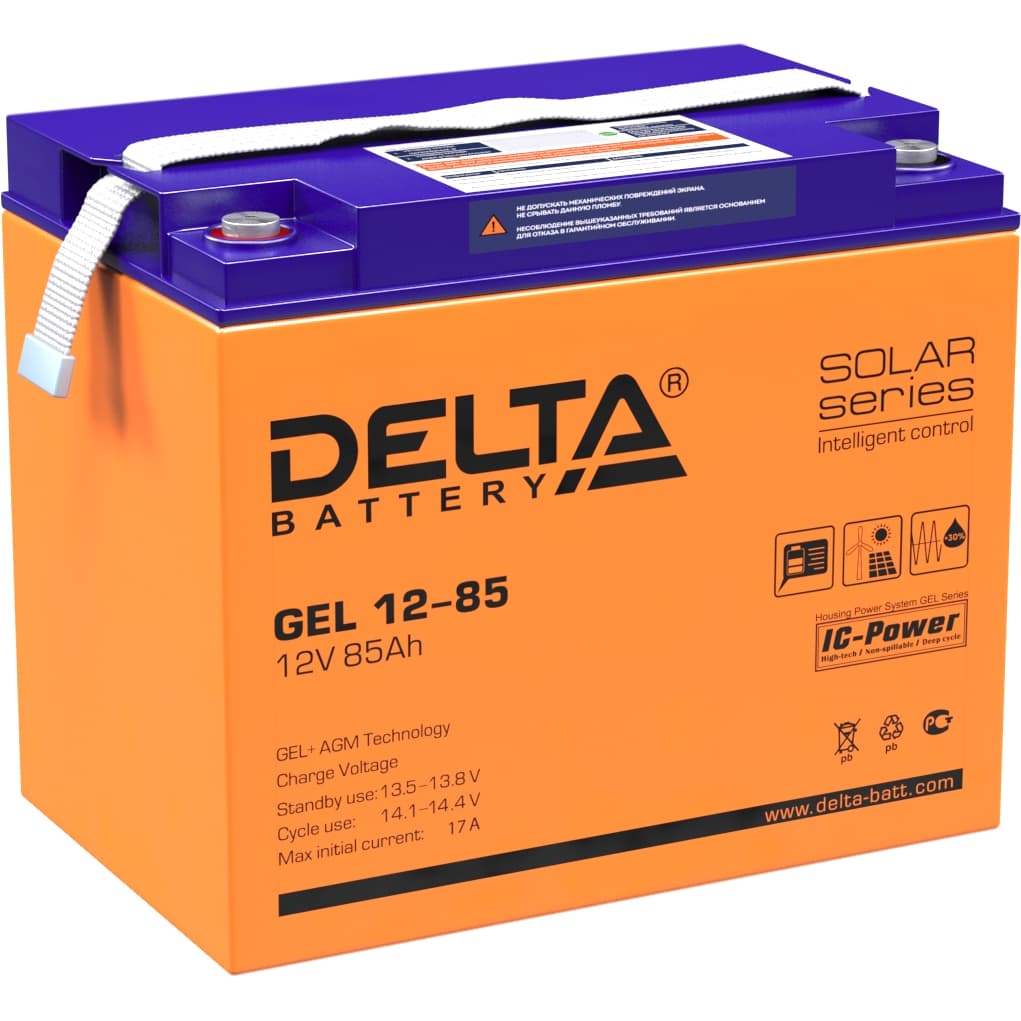 Батарея DELTA серия GEL, GEL 12-85, напряжение 12В, емкость 85Ач (разряд 10 часов), макс. ток разряда (5 сек.) 750А, макс. ток заряда 17А, свинцово-кислотная типа AGM+GEL, клеммы под болт М6, ДxШxВ 260х168х219мм., вес 25.2кг., LCD, срок службы 10-12 лет./ Battery DELTA series GEL, GEL 12-85, voltage 12V, capacity 85Ah (discharge 10 hours), max. discharge current (5 sec.) 750A, max. charge current 17A, lead-acid type AGM + GEL, terminals for M6 bolt, LxWxH 260x168x219mm., Weight 25.2kg., LCD, se