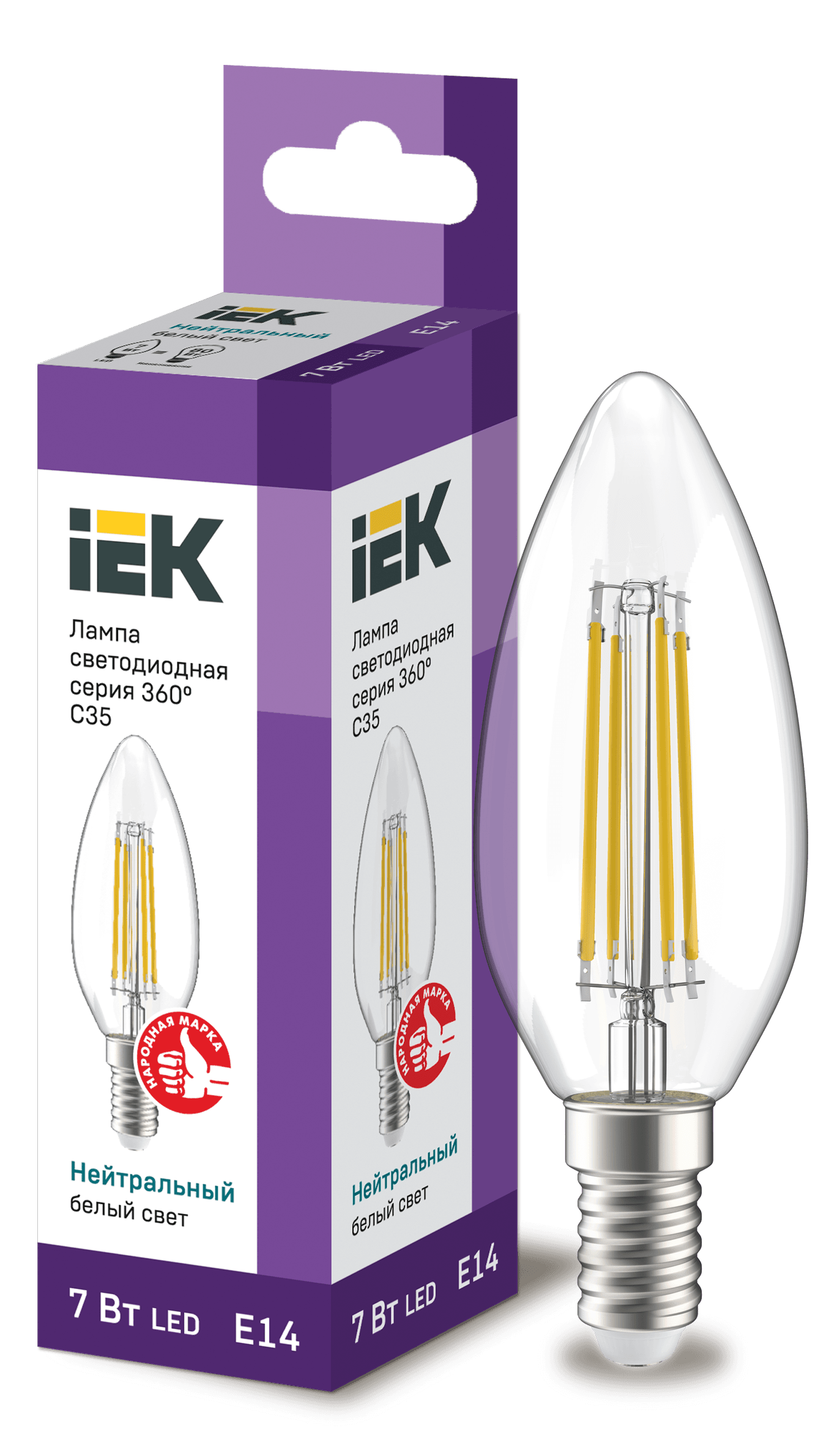 Лампа LED C35 свеча прозр. 7Вт 230В 4000К E14 серия 360° IEK