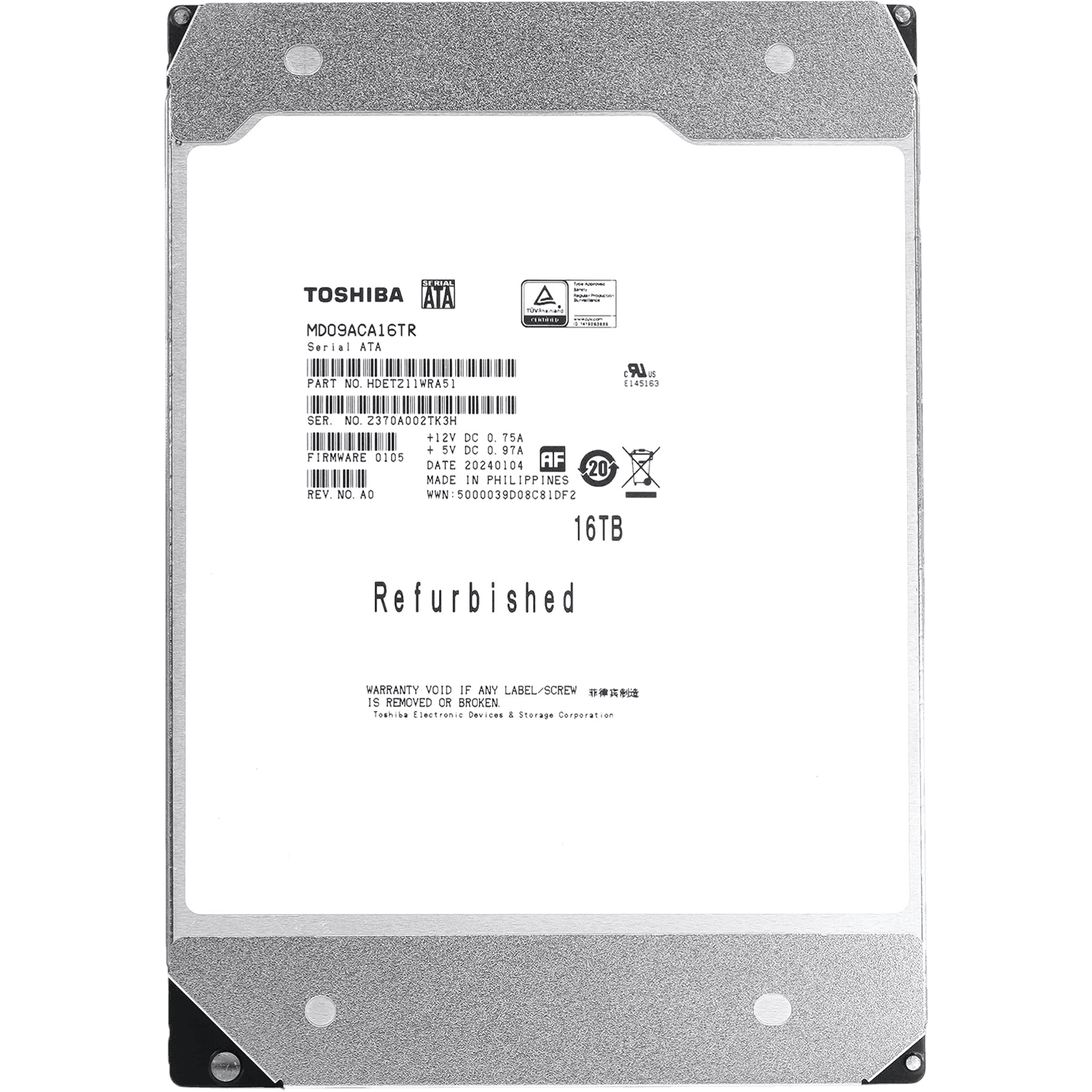 Жесткий диск HDD Toshiba MD09 SATA3 16Tb 3.5" 7200 512Mb OFFICIAL RECERTIFIED 1 year warranty (replacement MG08ACA16TE, ST16000NM000J, ST16000NM001G)