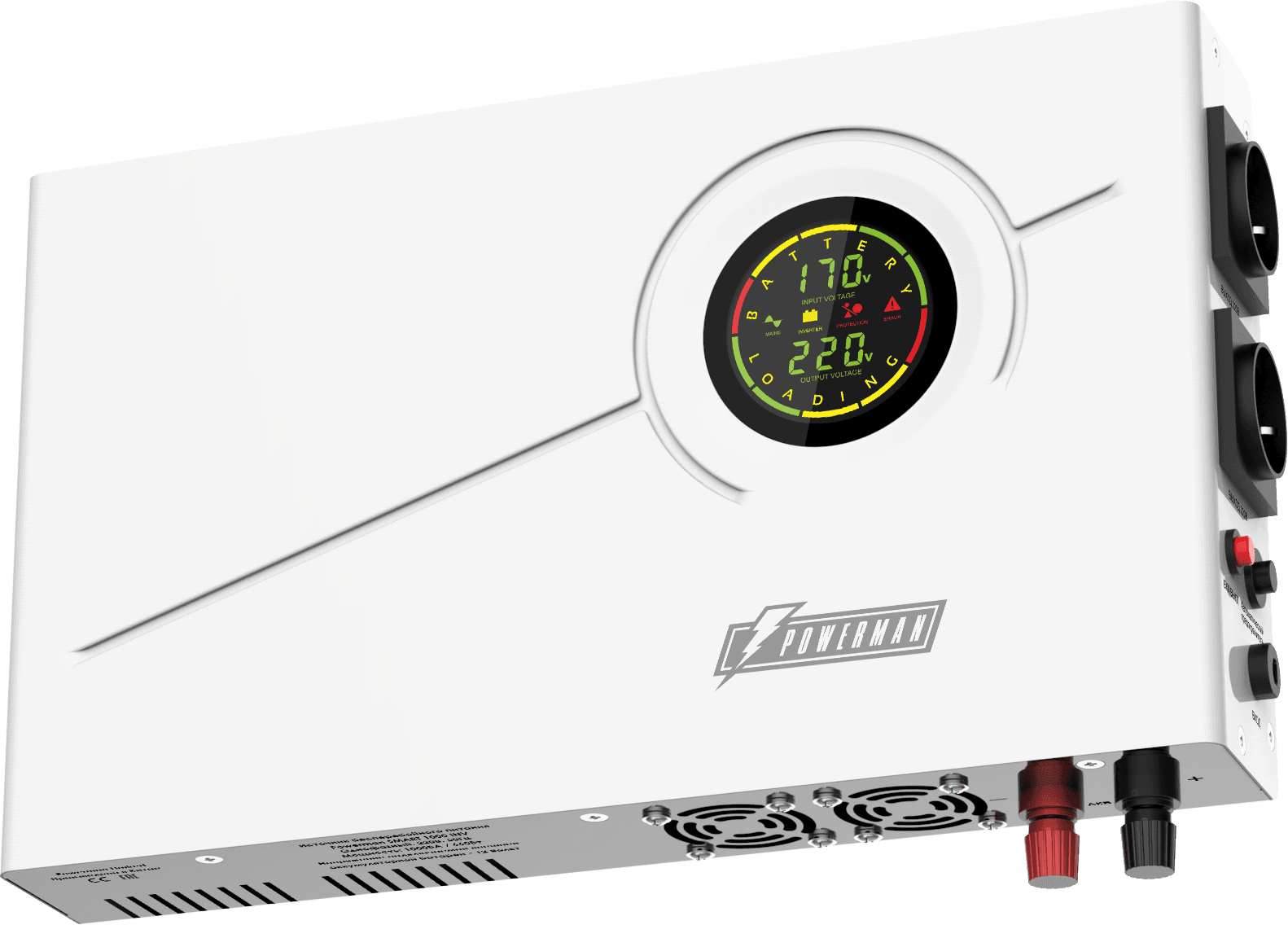 ИБП POWERMAN Smart 1000 INV, линейно-интерактивный, 1000ВА/600Вт, 140-275В, 2 евророзетки, внешняя батарея 12В от 45Ач до 200Ач (не входит в комплект поставки), ток заряда 13А, ЖК-дисплей, навесной, 410мм х 268мм х 70мм, 10.06 кг./ UPS POWERMAN Smart 1000 INV, linear-interactive, 1000VA/600W, 140-275V, 2 eurosockets, external battery 12V from 45Ah to 200Ah (not included in the scope of delivery), charging current 13A, LCD display, hinged, 410mm x 268mm x 70mm, 10.06kg.