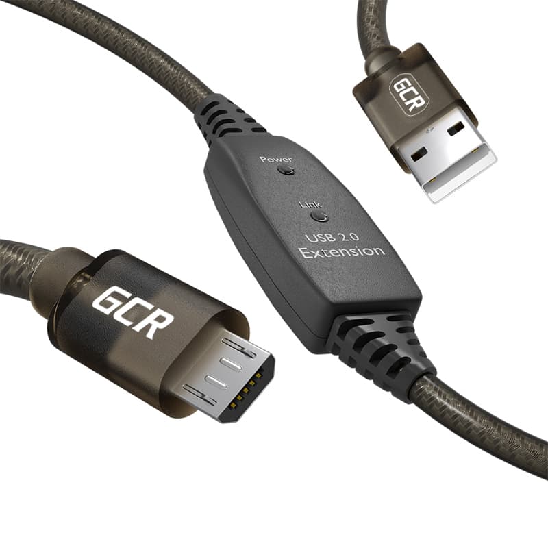 GCR PRO Кабель активный 10.0m USB 2.0, AM/microB, черно-прозрачный, медь, с усилителем сигнала, разъём для доп.питания, 28/24 AWG