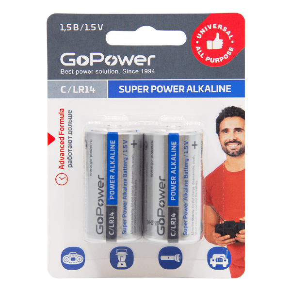 Батарейка/ Батарейка GoPower LR14 C BL2 Alkaline 1.5V (2/12/192) блистер (2 шт.)
