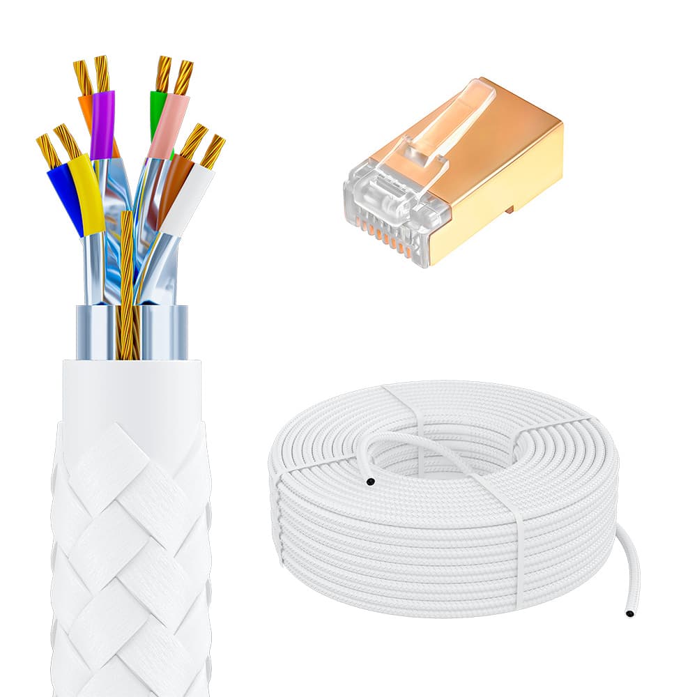 GCR PRO Кабель LAN DIY витая пара 50m в бухте, F/FTP кат.7, медь, многопроволочный, в оплетке текстиль, белый + экран. коннекторы RJ-45 8p8c 20шт.