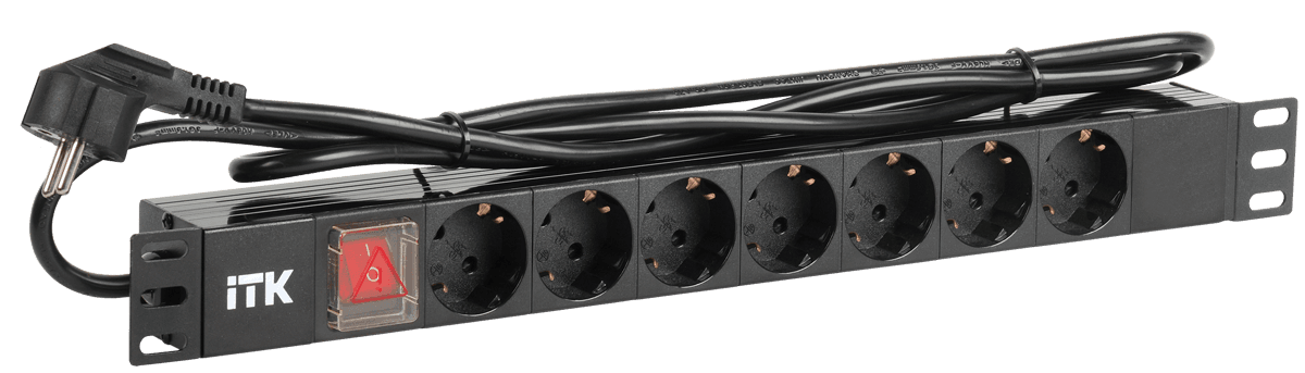 PDU 7 розеток нем. стандарт, с LED выключателем,1U, шнур 2м вилка нем. стандарт, алюминиевый профиль