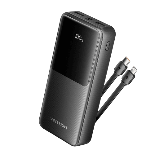 Power Bank Vention 20000mAh(Micro-USB/C/A/A) со встроенными кабелями 22.5W Чёрный с LED Дисплеем, шт.