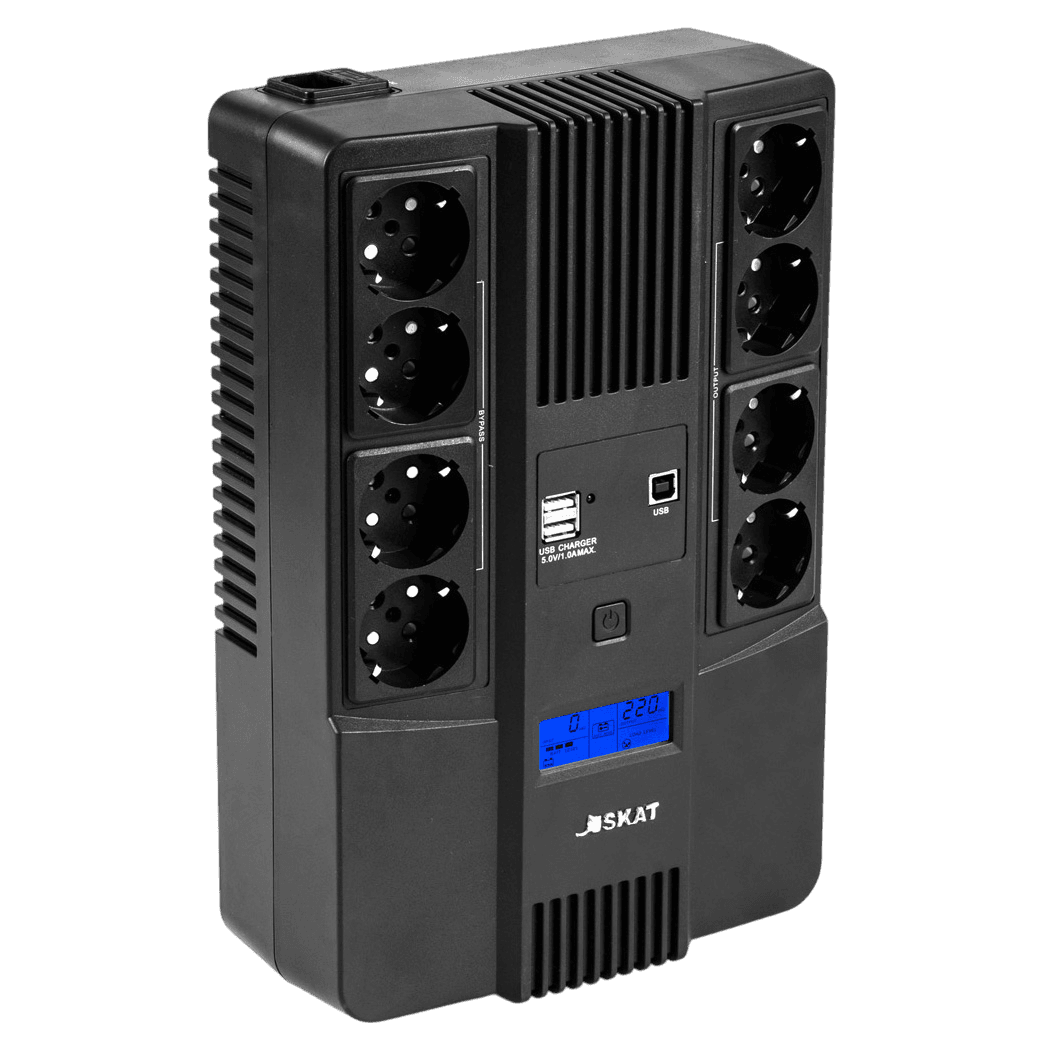 8933 ИБП SKAT-UPS 800-AID-IN-1x9-8 220В 480Вт, LCD, АКБ 1x 9Ач, line interactive, мод.синус, 8хSchuko,2xUS