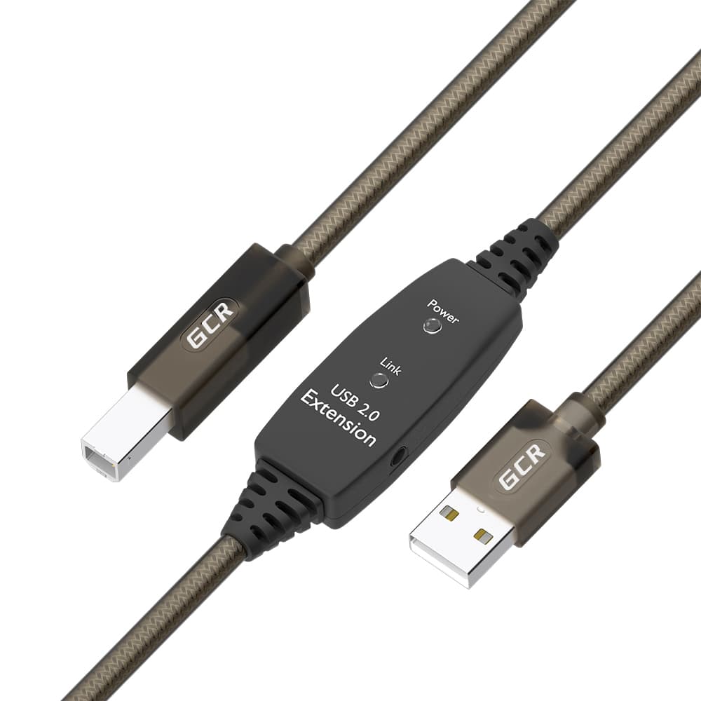 GCR PRO Кабель активный 10.0m USB 2.0, AM/BM, черно-прозрачный, медь, с усилителем сигнала, разъём для доп.питания, 28/24 AWG