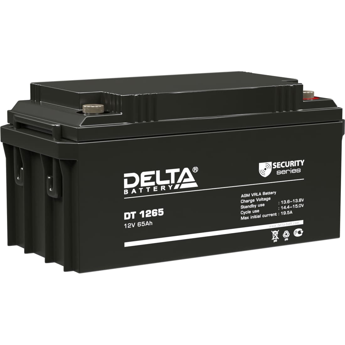 Батарея DELTA серия DT, DT 1265, напряжение 12В, емкость 65Ач (разряд 20 часов), макс. ток разряда (5 сек.) 650А, макс. ток заряда 19.5А, свинцово-кислотная типа AGM, клеммы под болт М6, ДxШxВ 350х167х174мм., вес 21кг., срок службы 7-10 лет./ Battery DELTA series DT, DT 1265, voltage 12V, capacity 65Ah (discharge 20 hours), max. discharge current (5 sec.) 650A, max. charge current 19.5A, lead-acid type AGM, bolt terminals M6, LxWxH 350x167x174mm., weight 21kg., service life 7-10 years.