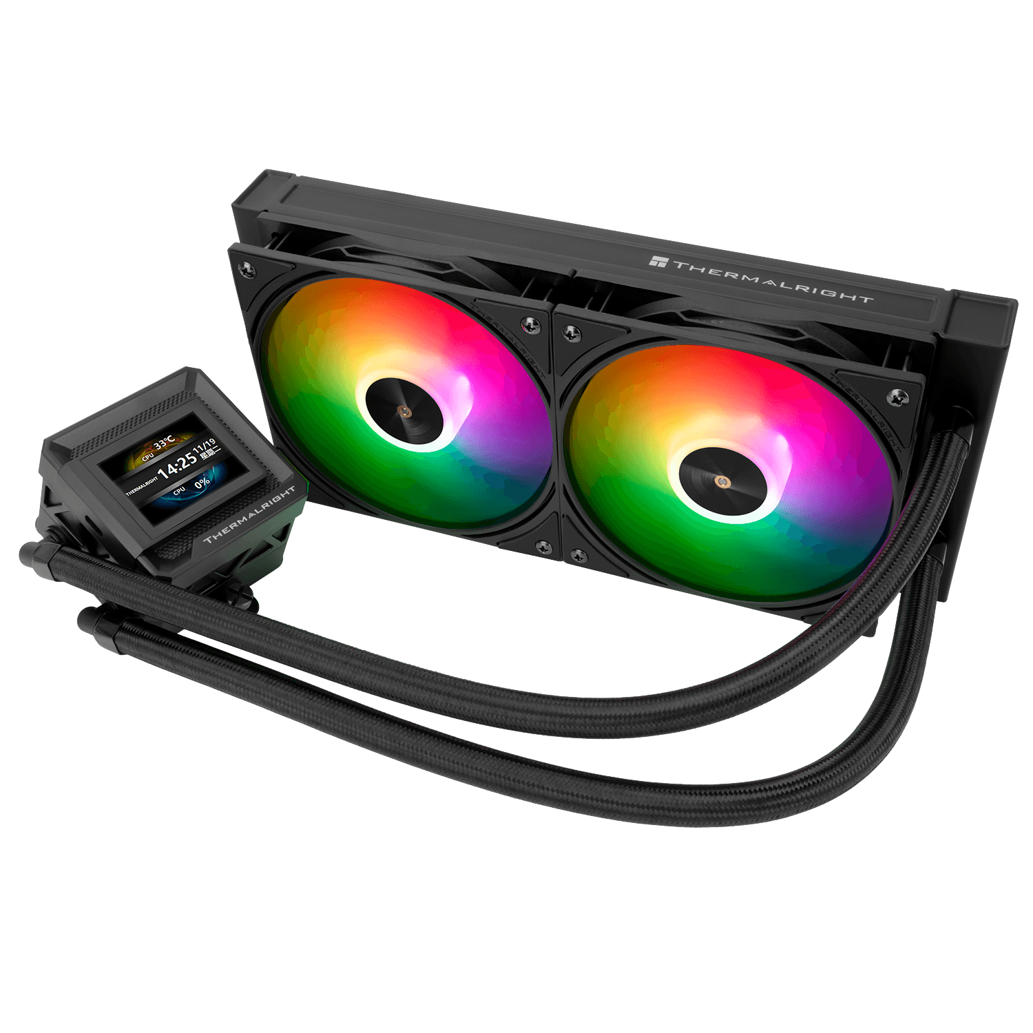 Водяное охлаждение для процессора/ Water Cooling System Thermalright Frozen Warframe SE 240 ARGB Black (240mm, LED temp., Black, ARGB/ Fans: 2x120mm, 70.84CFM, 29.8dBA, 2000RPM/ Pump height 59mm, Rad thickness 27mm/ S: 1851, 1700, 1200, 115X, AM5, AM4)