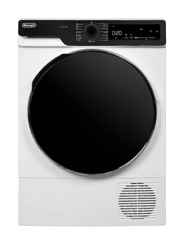 Сушильная машина Delonghi/ Сушильная машина Delonghi, глубина 52.5 см, тепловой насос, загрузка 7 кг, 15 программ, электронное управление, LED дисплей, индикация заполнения фильтра, подсветка барабана, 3 уровня сушки, отсрочка запуска, защита от сминания, энергоэффективность В, цвет белый