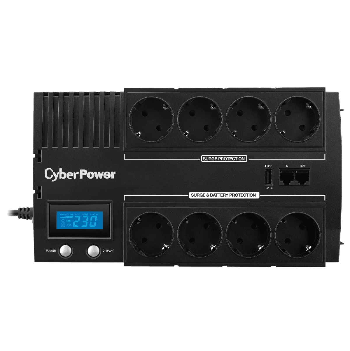 BR1000ELCD - Источник бесперебойного питания, CyberPower BR1000ELCD, Мощность 1000ВА/600Вт, BR-серия, Линейно-интерактивный, Напольный, LCD/USB-A,B,С/RJ11/RJ45, AVR: 165-290В, АКБ 12В/9Ач*1 шт., Вых: 8*Schuko, Чёрный