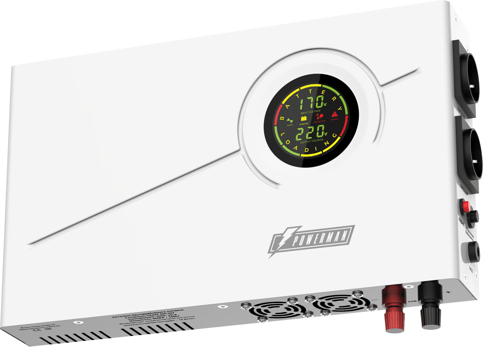 ИБП POWERMAN Smart 800 INV, линейно-интерактивный, 800ВА/528Вт, 140-275В, 2 евророзетки, внешняя батарея 12В от 45Ач до 200Ач (не входит в комплект поставки), ток заряда 13А, ЖК-дисплей, навесной, 410мм х 268мм х 70мм, 8.98 кг./ UPS POWERMAN Smart 800 INV, linear-interactive, 800VA/528W, 140-275V, 2 eurosockets, external battery 12V from 45Ah to 200Ah (not included in delivery), charging current 13A, LCD display, hinged, 410mm x 268mm x 70mm, 8.98 kg.