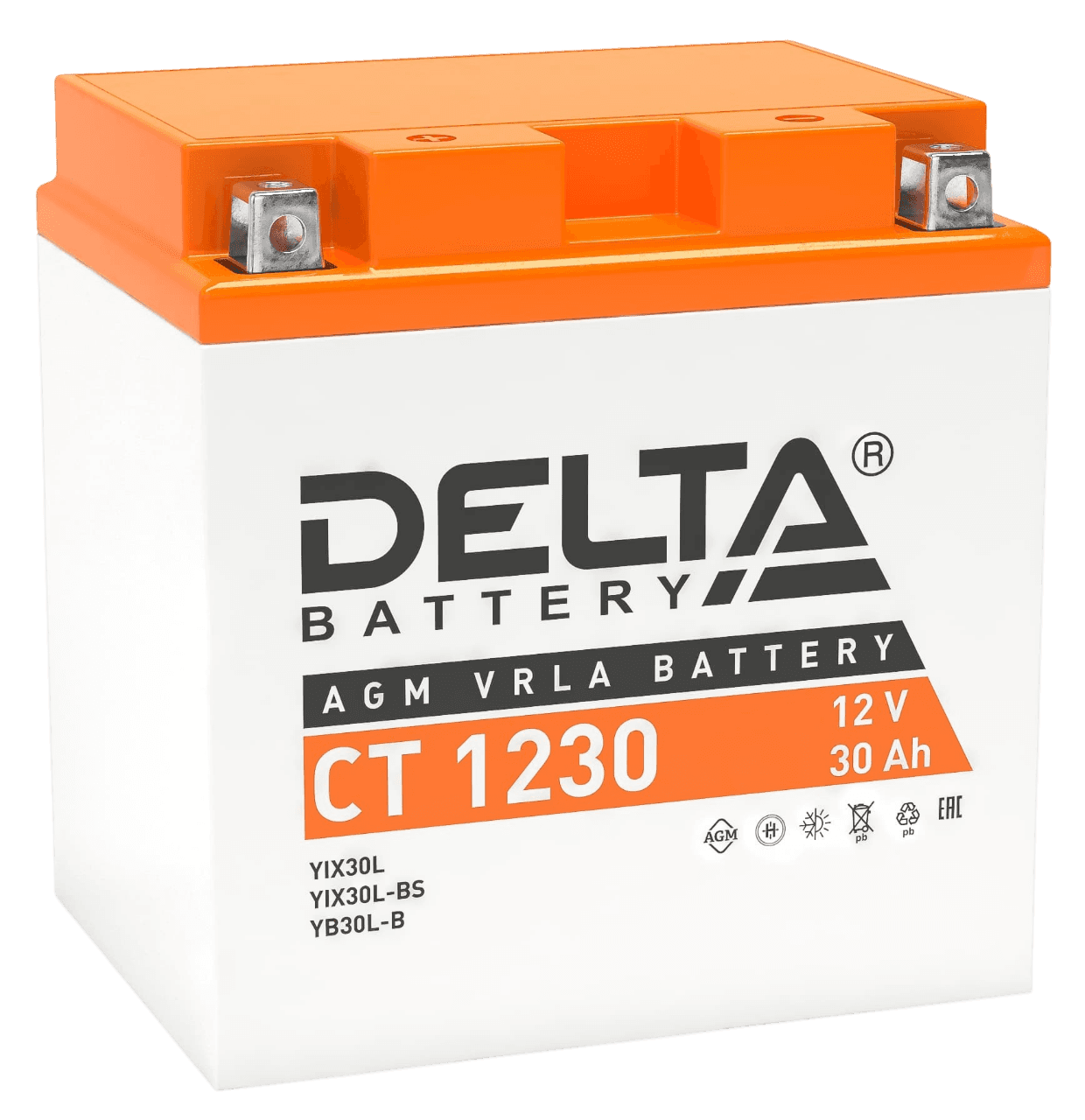 Аккумуляторная батарея Delta CT 1230 12В/30А·ч, клемма Болт + гайка Ø 6 мм (168х126х175мм (180мм), 8,1кг, Срок службы 5 лет
