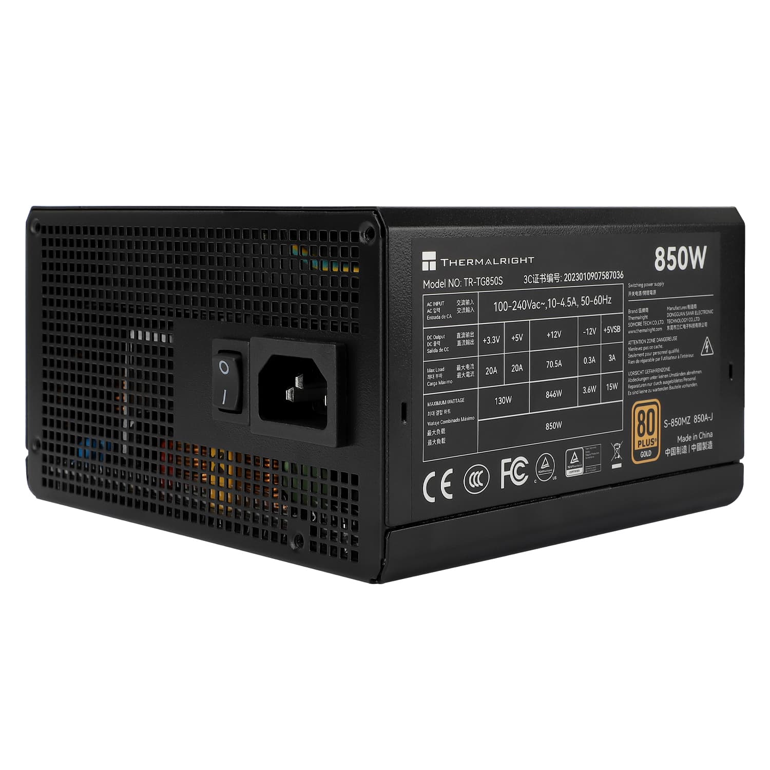 Блок питания ПК/ Power Supply Thermalright, 850W 80+ Gold (ATX, 3.0, PCIe 5.0, Non-modular, 1x24(20+4)pin, 1xCPU 8(4+4)pin, 2xPCIe*2 8(6+2)pin, 5xSATA3, 1x12+4pin (12VHPWR PCIe 5.0 12+4pin 600mm), 3xMOLEX4pin, Active, 120x120mm, 150x140x86mm, APFC, black)