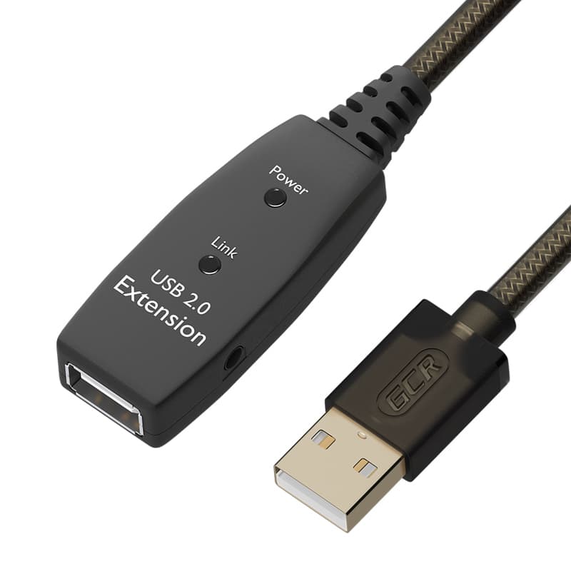 GCR PRO Удлинитель активный 7.5m USB 2.0, AM/AF, GOLD, черно-прозрачный, медь, с усилителем сигнала, разъём для доп.питания, 28/24 AWG