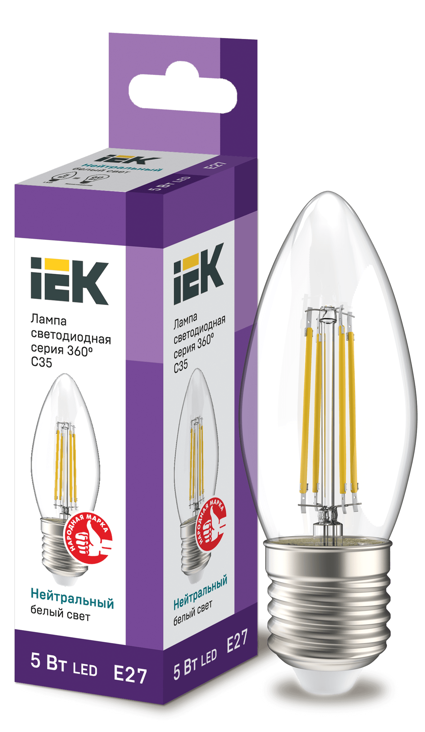 Лампа LED C35 свеча прозр. 5Вт 230В 4000К E27 серия 360° IEK