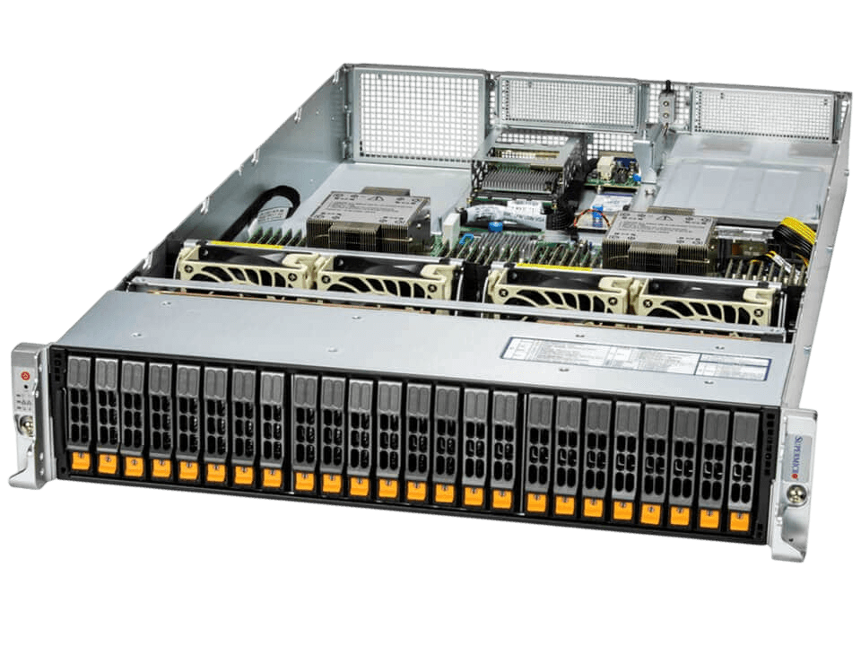 Серверная платформа/ SYS-221H-TN24R (bundle12): 2U / 2x LGA-4677 / 32x DDR5 RDIMM / 24x Hs 2.5" NVMe*/SATA/SAS*/ 1x SSD NVME 480GB, M.2 / 1x Dual-Port 1GbE RJ45 / 2x 1200W Power (24 NVME config, Fan+ Heatsink Upgrade)