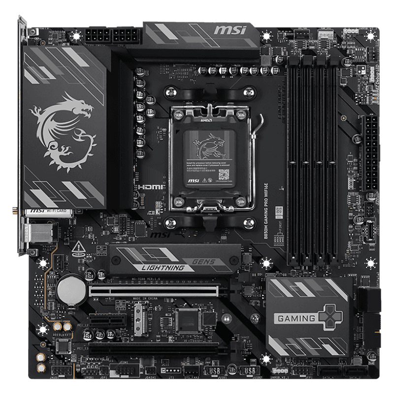 Материнская плата MSI B850M GAMING PRO WIFI6E, AM5, AMD B850, 4xDDR5, 4xSATA, 2xM.2, 2xPCIe 4.0 x16, 1xPCIe x1, 1xHDMI, 1xDP, 1x2.5Gb LAN, Wi-Fi 6E, Bluetooth 5.3, 1xUSB-C 10Gbps, 3xUSB-A 10Gbps, 4xUSB-A 5Gbps, 3x3.5 мм, 7.1, чёрный, mATX