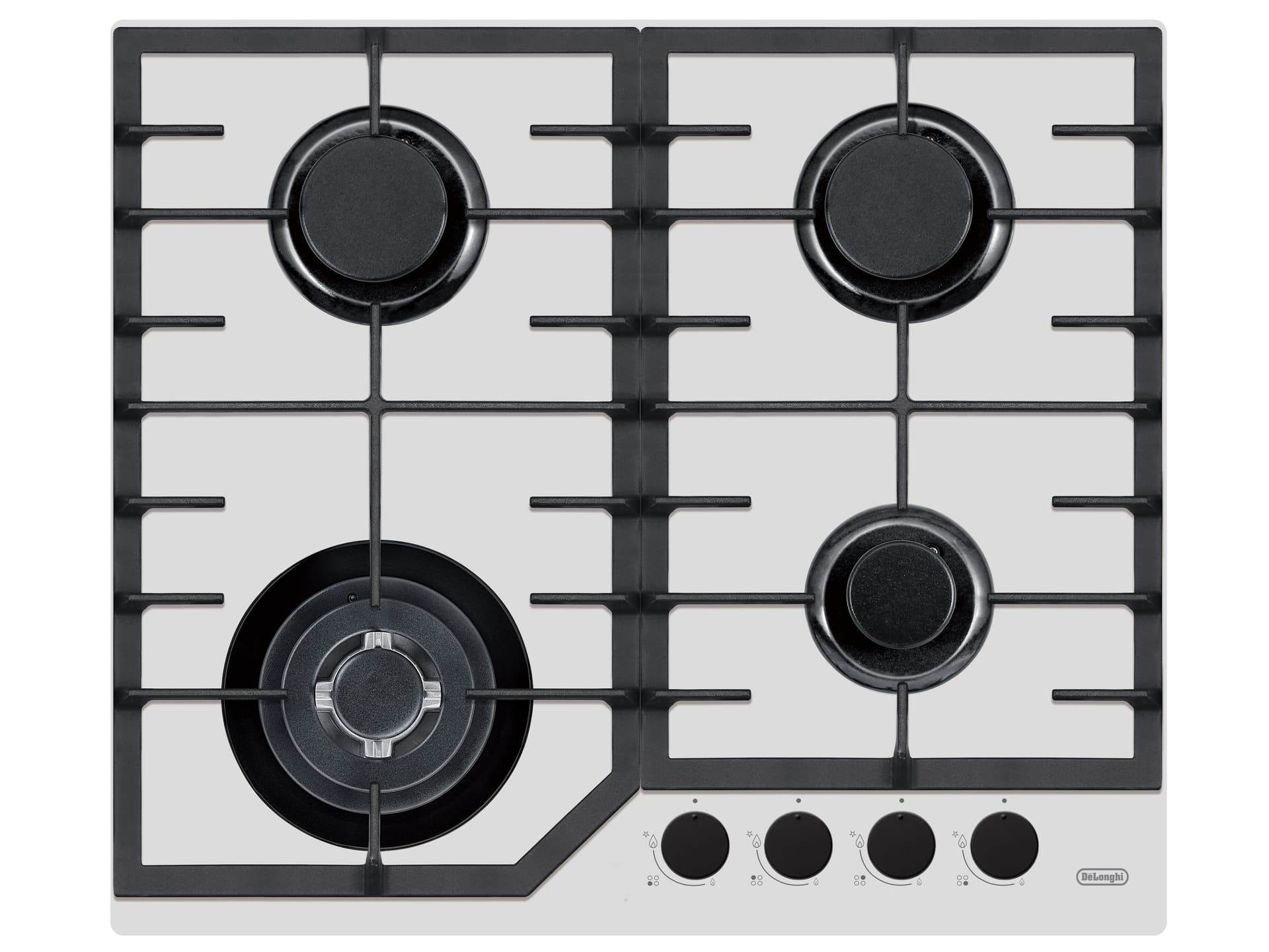 Встраиваемая варочная панель Delonghi/ Встраиваемая варочная панель Delonghi, газ, 60 см, 4 конфорки, WOK, автоподжиг, газ-контроль, чугунные решетки, цвет белое стекло