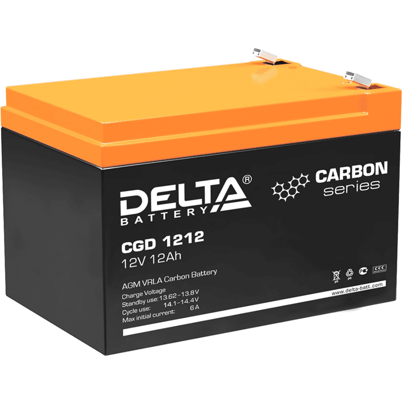 Батарея DELTA серия CGD, CGD 1212, напряжение 12В, емкость 12Ач (разряд 10 часов), макс. ток разряда (5 сек.) 180А, макс. ток заряда 6А, графеновая свинцово-кислотная типа AGM, клеммы F2, ДxШxВ 151х98х95мм., вес 3.9кг., срок службы 15 лет./ Battery DELTA series CGD, CGD 1212, voltage 12V, capacity 12Ah (discharge 10 hours), max. discharge current (5 sec.) 180A, max. charge current 6A, graphene lead-acid type AGM, terminals F2, LxWxH 151x98x95mm., weight 3.9kg., service life 15 years.