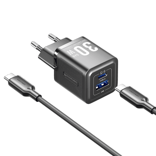Набор для зарядки Vention з/у GaN 30W 2 порта USB (C + A) и кабель USB-C 3А Чёрный, шт.