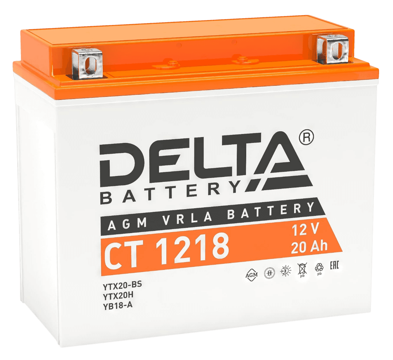 Аккумуляторная батарея Delta CT 1218 12В/20А·ч, клемма Болт + гайка Ø 6 мм (177х88х154мм (159мм); 6,3кг; Срок службы 5лет