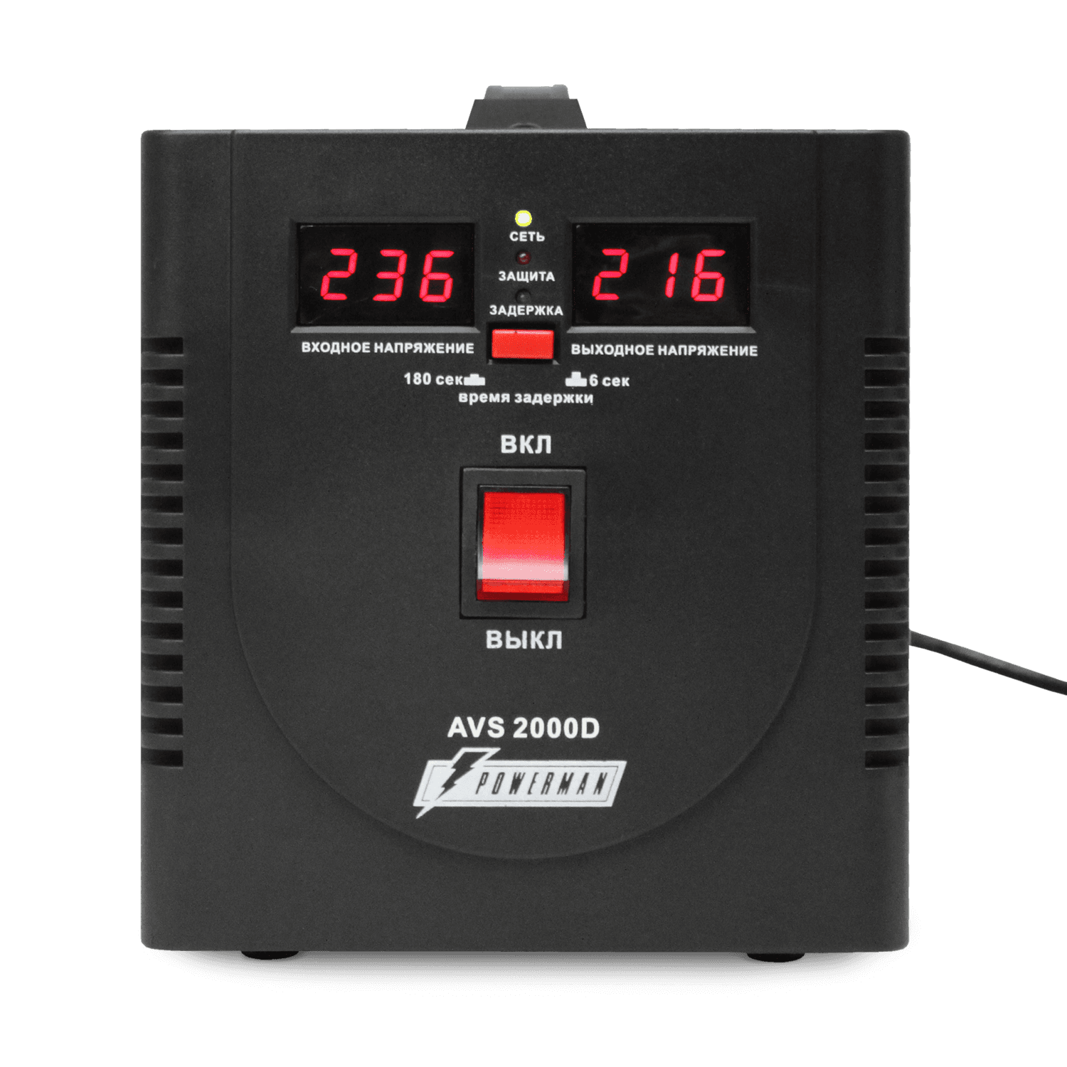 Стабилизатор POWERMAN AVS 2000D, черный, ступенчатый регулятор, цифровые индикаторы уровней напряжения, 2000ВА, 140-260В, максимальный входной ток 12А, 2 евророзетки, IP-20, напольный, 200мм х 160мм х 190мм, 4.9 кг./ Stabilizer POWERMAN AVS 2000D, black, step-type regulator, digital indicators of voltage levels, 2000VA, 140-260V, maximum input current 12A, 2 eurosockets, IP-20, floor standing, 200mm x 160mm x 190mm, 4.9kg.