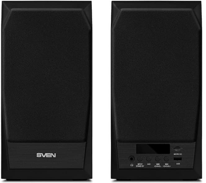 SVEN MC-10, чёрный, акустическая система 2.0, мощность 2x25Вт (RMS), FM-тюнер, USB/microSD, дисплей, пульт ДУ, Bluetooth