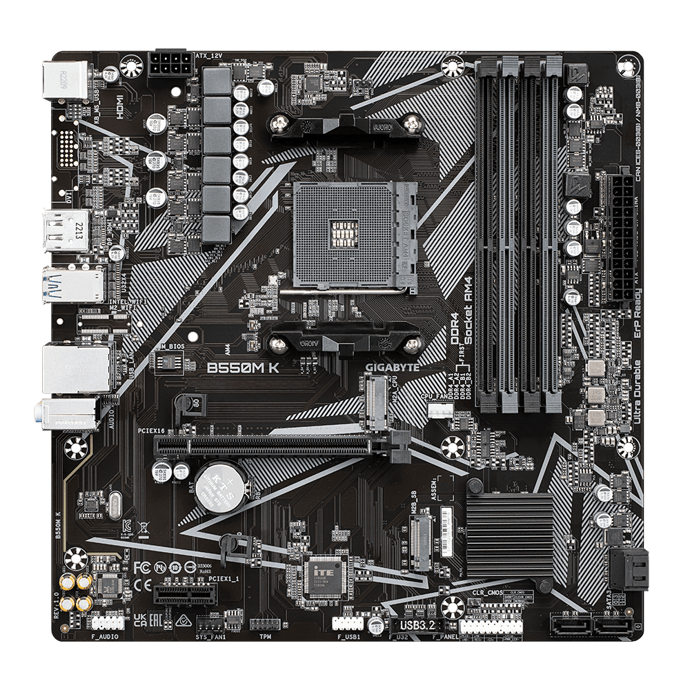Материнская плата/ MB GIGABYTE AMD B550 sAM4, 4xDDR4(128GB), HDMI 2.1/DP, 1xPCIe 4.0x16, 1xPCIe 3.0, 1xLAN, 4xSATA 6Gb/s, 2xM.2, 4xUSB 3.2, 4xUSB 2.0, 1xPS/2, mATX
