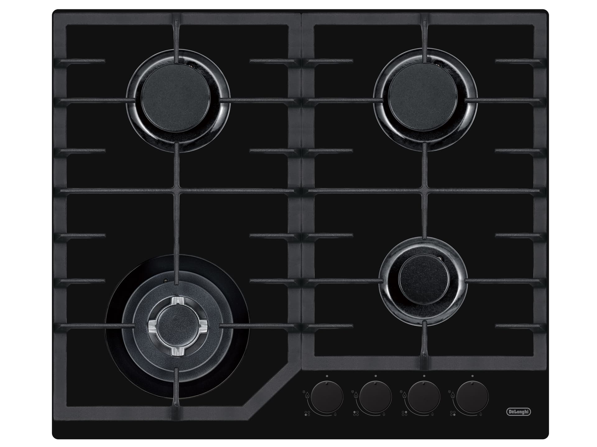 Встраиваемая варочная панель Delonghi/ Встраиваемая варочная панель Delonghi, газ, 60 см, 4 конфорки, WOK, автоподжиг, газ-контроль, чугунные решетки, цвет черное стекло