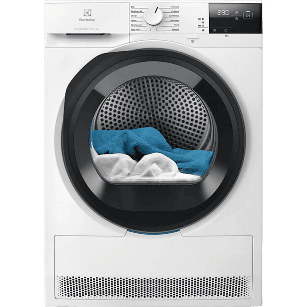 Сушильный барабан ELECTROLUX/ Сушильный барабан с тепловым насосом, Глубина, см: 63.8, Цвет: белый, Максимальная загрузка белья (кг): 8, 12 программ, инверторный мотор,панель управления на английском языке