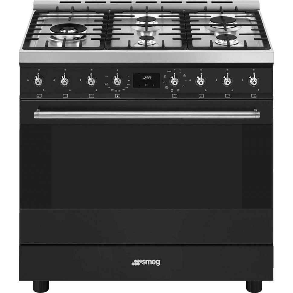 Варочный центр Smeg/ Варочный центр Smeg, Classica, серия Sinfonia, 90х60 см, газовая варочная поверхность, электрическая духовка, 5 конфорок, объем духовки 115 л, галогеновая подсветка, электромеханический контроль температуры, автоматический электроподжиг, газ-контроль, энергоэффективность А, цвет матовый черный/нержавеющая сталь
