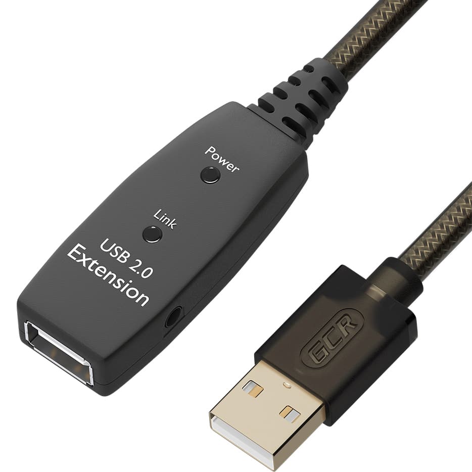 GCR PRO Удлинитель активный 10.0m USB 2.0, AM/AF, GOLD, черно-прозрачный, медь, с усилителем сигнала Premium, разъём для доп.питания, 24/22 AWG