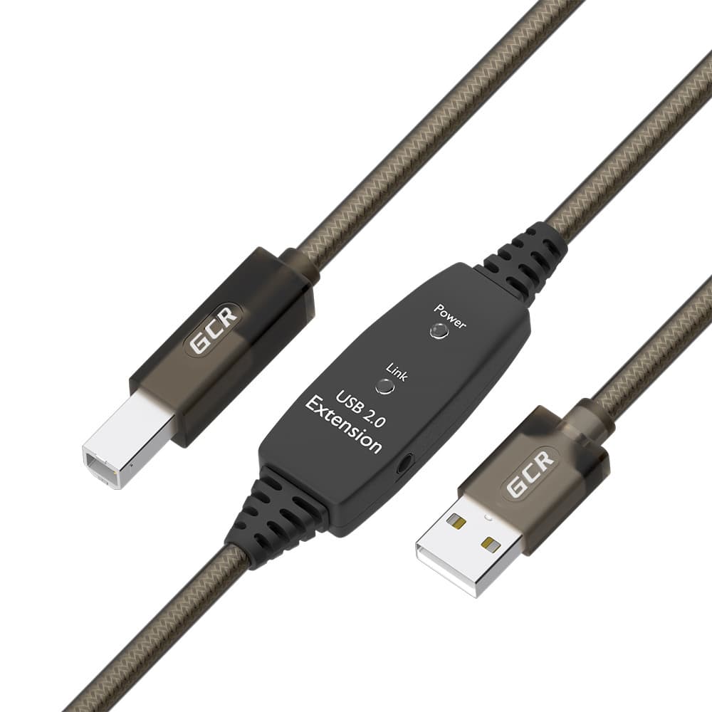 GCR Кабель активный 15.0m USB 2.0, AM/BM, черно-прозрачный, медь, с усилителем сигнала, разъём для доп.питания, 24/22 AWG
