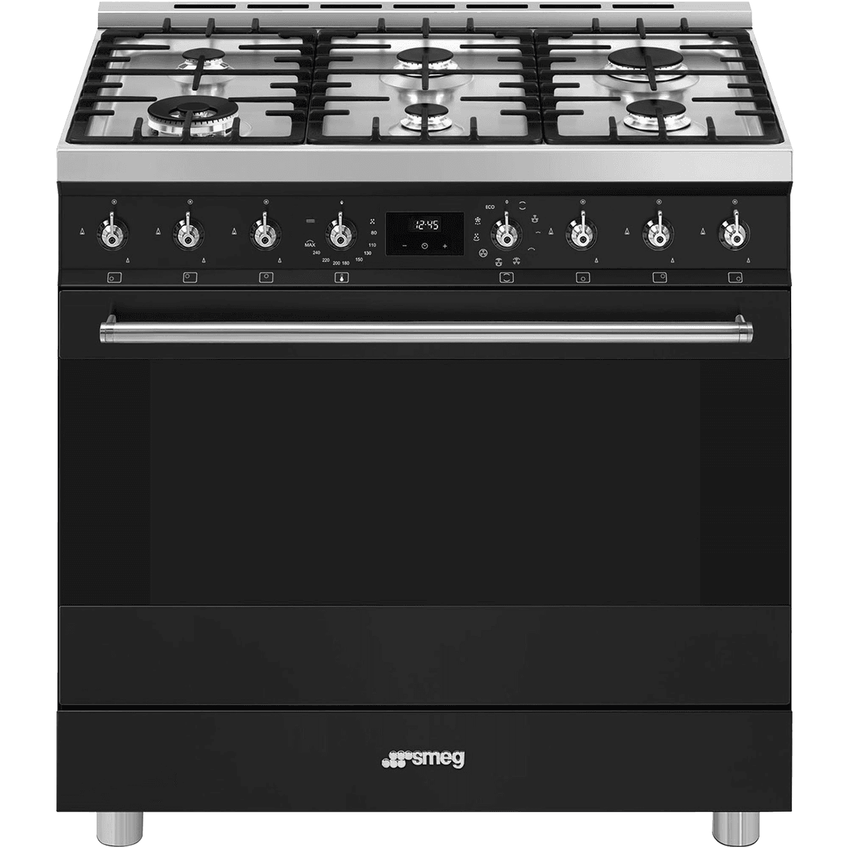 Варочный центр Smeg/ Варочный центр Smeg, Classica, серия Sinfonia, газовая варочная панель, сенсорное управление, таймер, акустический сигнал окончания приготовления, объем духовки 115 л, галогенное освещение, 3 стекла в дверце, энергоэффективность А, цвет черный матовый/нержавеющая сталь