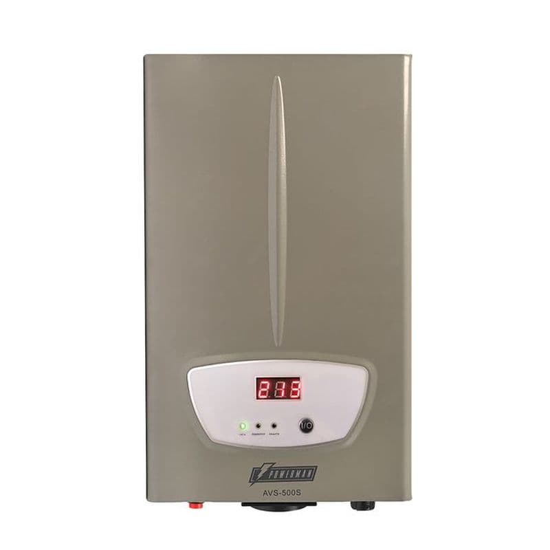 Стабилизатор напряжения/ POWERMAN AVS 500S stabilizer, silver, step regulator, digital voltage level indicators, 500VA, 140-260V, maximum input current 5A, 1 Euro socket, IP-20, wall-mounted, 290mm x 175mm x 68mm, 2.42 kg.