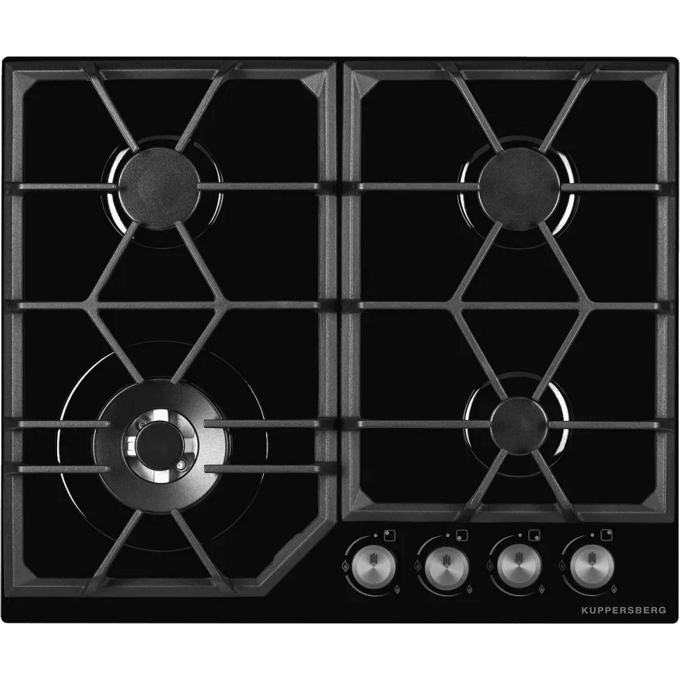 Газовая варочная поверхность Kuppersberg/ KITCHEN RETAIL / Газовая варочная поверхность, закаленное стекло, ширина 60 см, 4 газовые конфорки, WOK конфорка(3,8 кВт), автоподжиг, газ-контроль, чугунные решетки, цвет черный