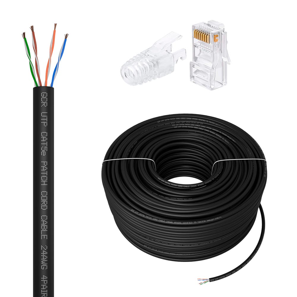 GCR PRO Кабель LAN DIY витая пара 50m в бухте, UTP кат.5e, CCA многопроволочный, черный + Коннектор RJ-45 8p8c сборный 20шт.