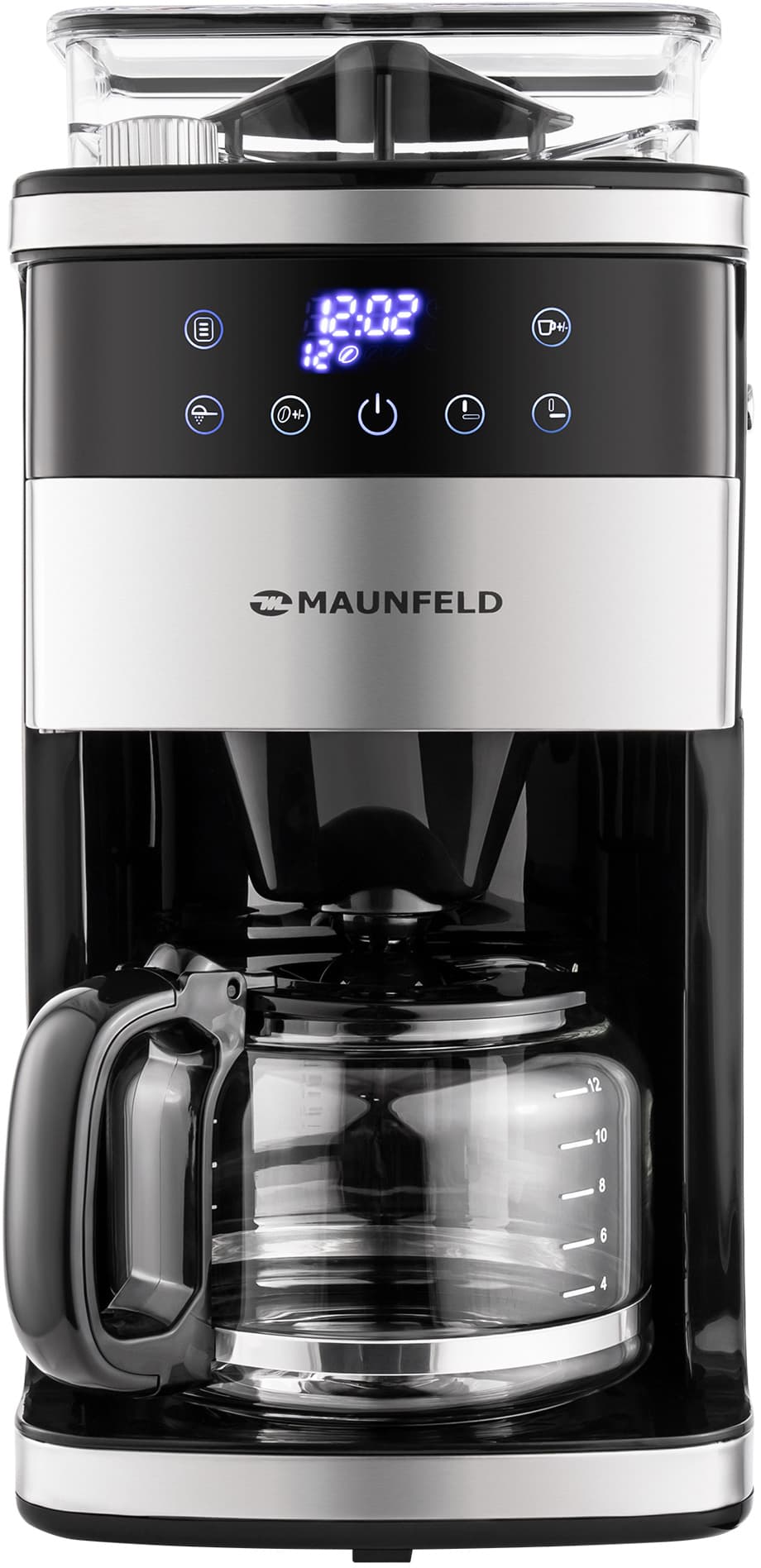 Кофемашина капельного типа MAUNFELD/ Кофемашина капельного типа MAUNFELD MF-723S, мощность 1050 Вт, 8 степеней помола, таймер, отсрочка запуска, дисплей, регулировка крепости кофе, режим подогрева, объем кофейника 1,5 л , цвет нержавеющая сталь